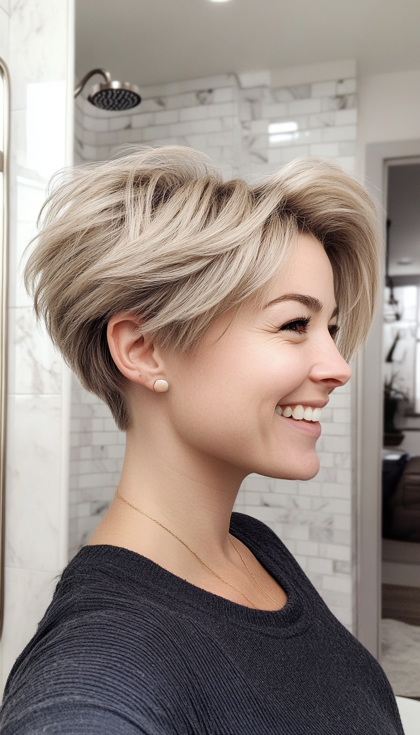 1. Softly Layered Ash Blonde Pixie Bob (Pixie Bob Haircut Ideas) - Pixie Bob Haircut Ideas