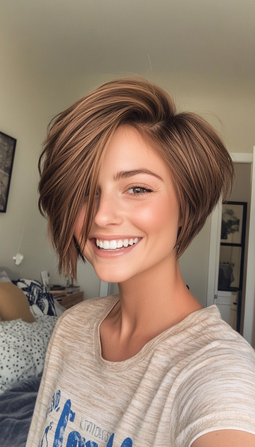 15. Medium Brown Layered Pixie Bob (Pixie Bob Haircut Ideas) - Pixie Bob Haircut Ideas