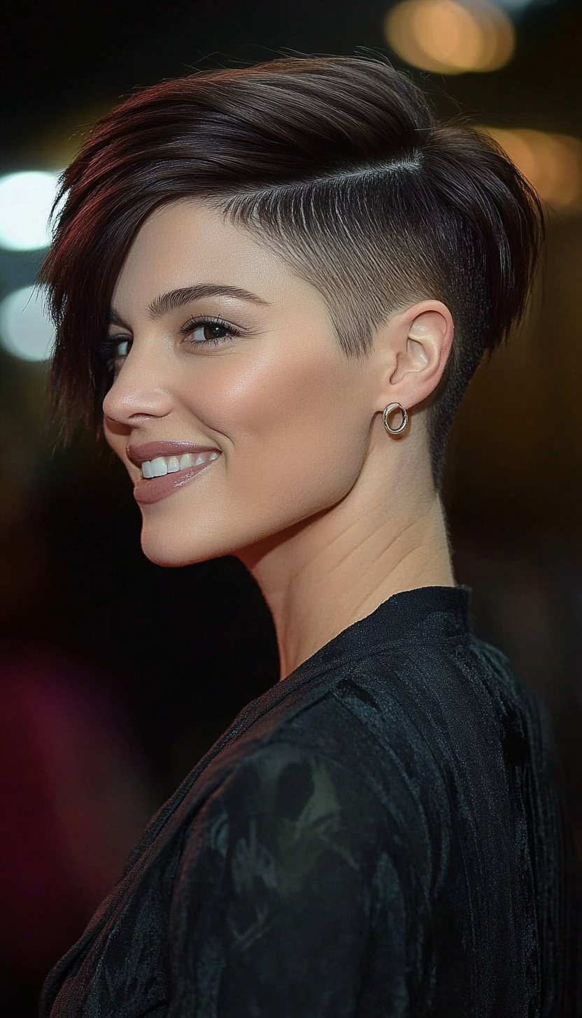 17. Cool Dark Brown Undercut Pixie Bob (Pixie Bob Haircut Ideas) - Pixie Bob Haircut Ideas