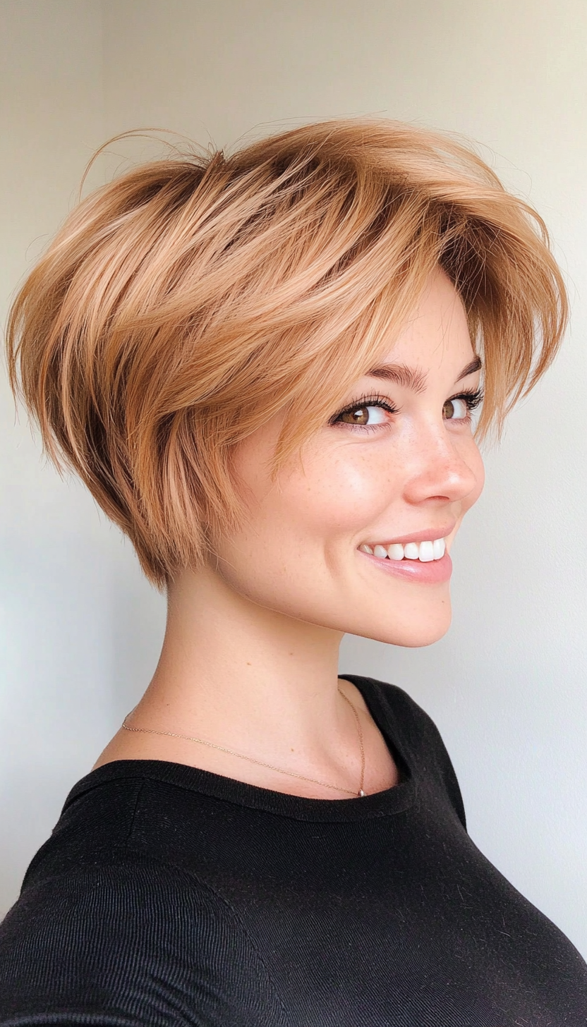 19. Strawberry Blonde Layered Pixie Bob (Pixie Bob Haircut Ideas) - Pixie Bob Haircut Ideas