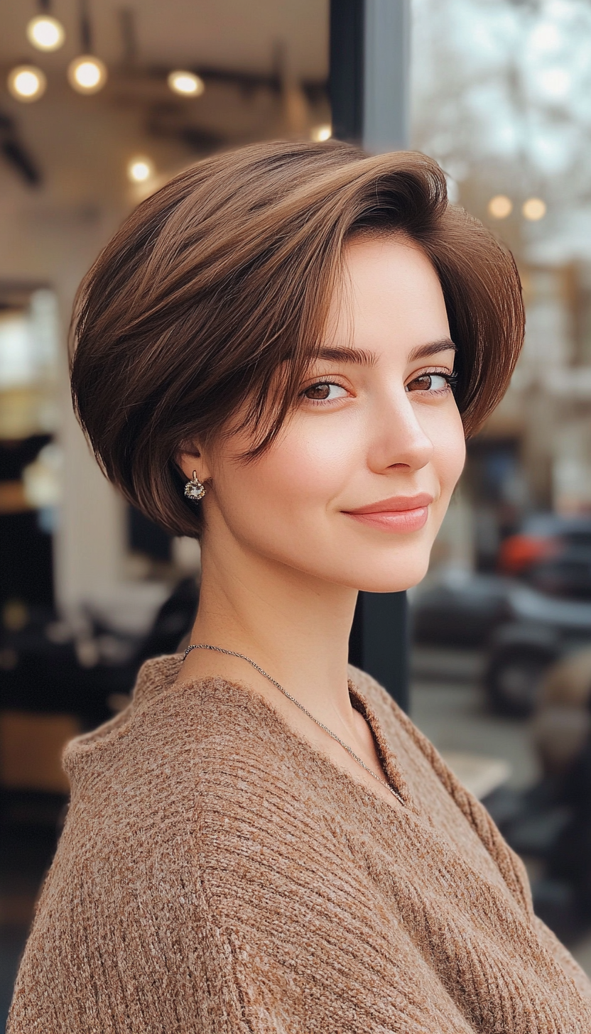 22. Honey Brown Chin-Length Pixie Bob (Pixie Bob Haircut Ideas) - Pixie Bob Haircut Ideas