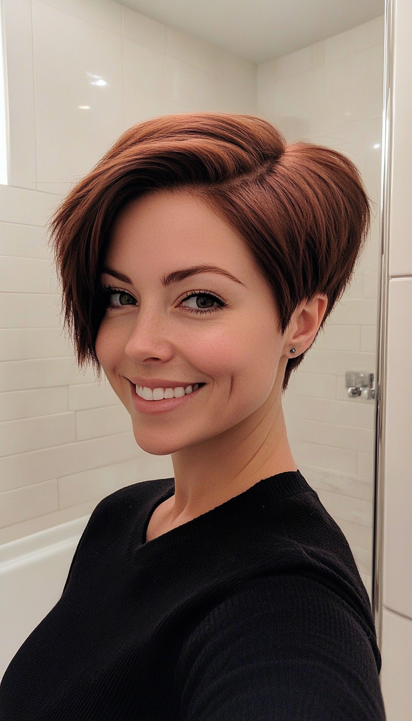 27. Deep Chestnut Asymmetrical Pixie Bob (Pixie Bob Haircut Ideas) - Pixie Bob Haircut Ideas