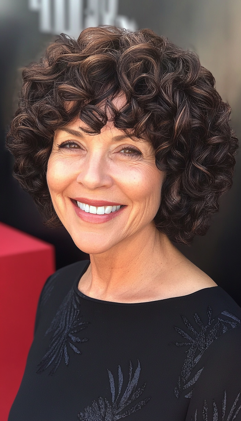 2. Chin-Length Curly Bob in Deep Brown (Short Curly Hairstyles For Older Women) - Short Curly Hairstyles For Older Women