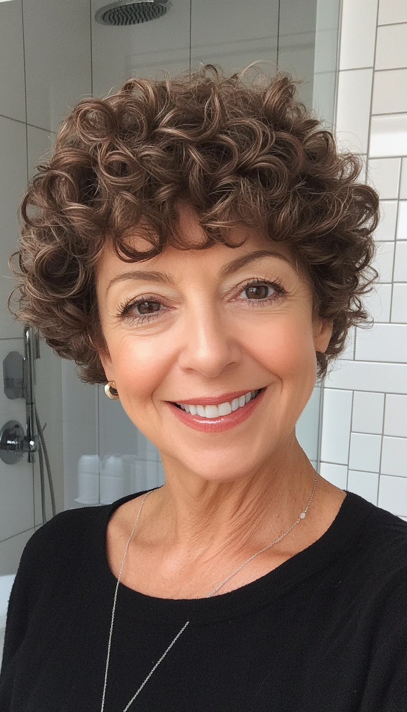 4. Curly Pixie with Subtle Auburn Highlights (Short Curly Hairstyles For Older Women) - Short Curly Hairstyles For Older Women