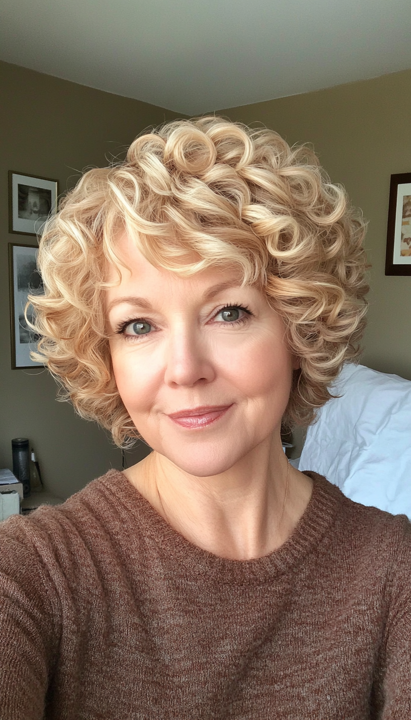 7. Softly Layered Cropped Curls in Honey Blonde (Short Curly Hairstyles For Older Women) - Short Curly Hairstyles For Older Women