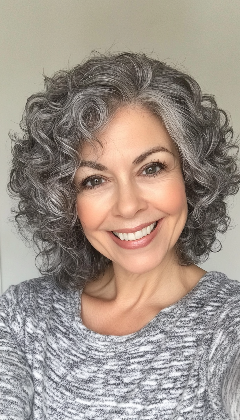 8. Stacked Curly Bob in Cool Gray (Short Curly Hairstyles For Older Women) - Short Curly Hairstyles For Older Women