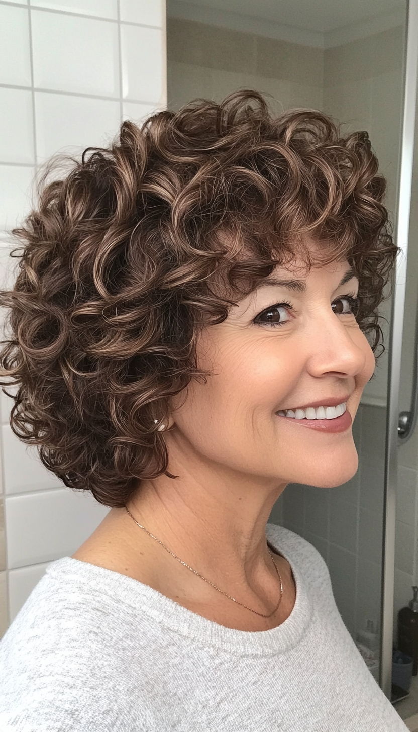 10. Voluminous Curls with Caramel Brown Accents (Short Curly Hairstyles For Older Women) - Short Curly Hairstyles For Older Women