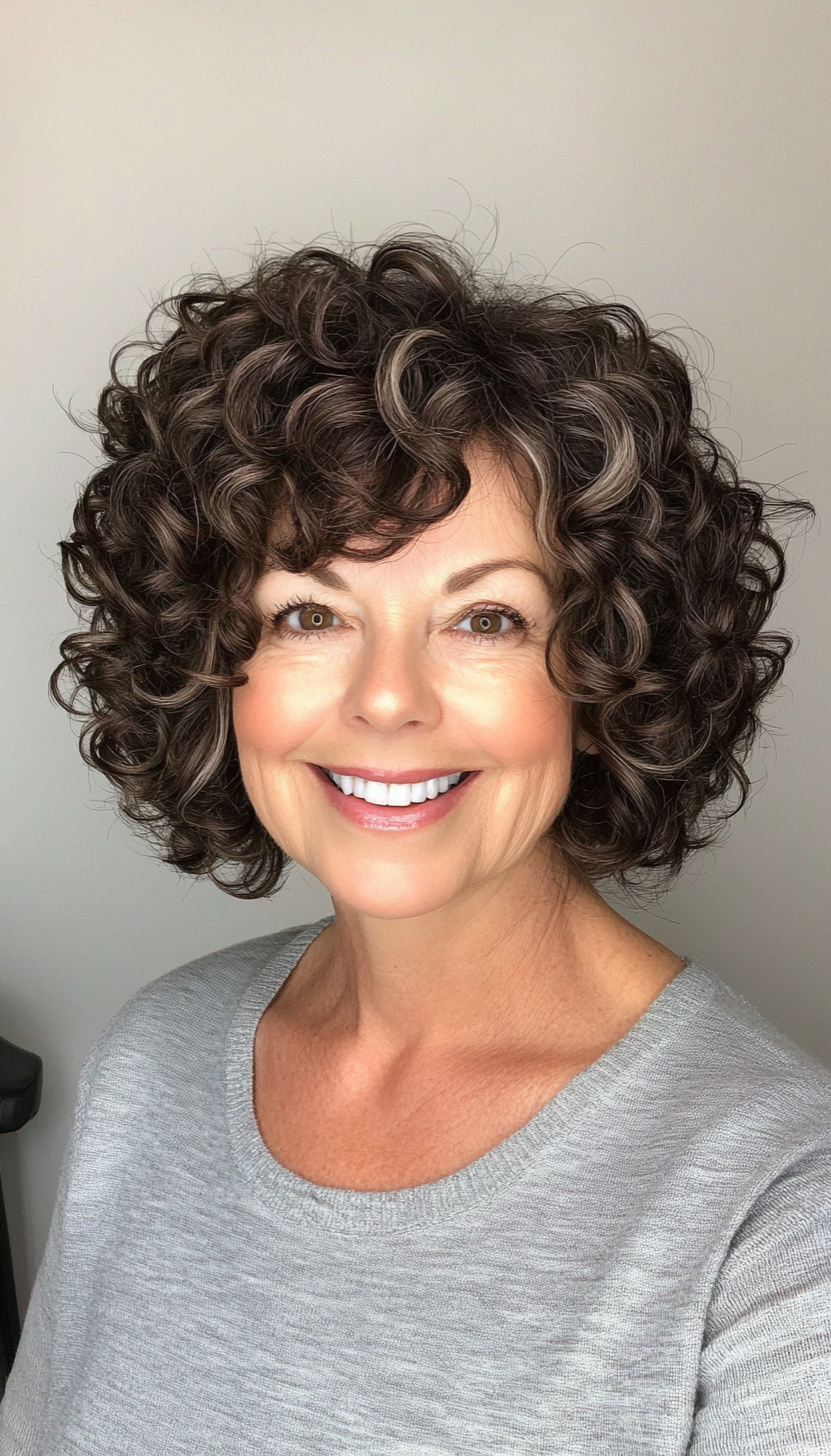 12. Feathered Curls with Warm Espresso Tones (Short Curly Hairstyles For Older Women) - Short Curly Hairstyles For Older Women