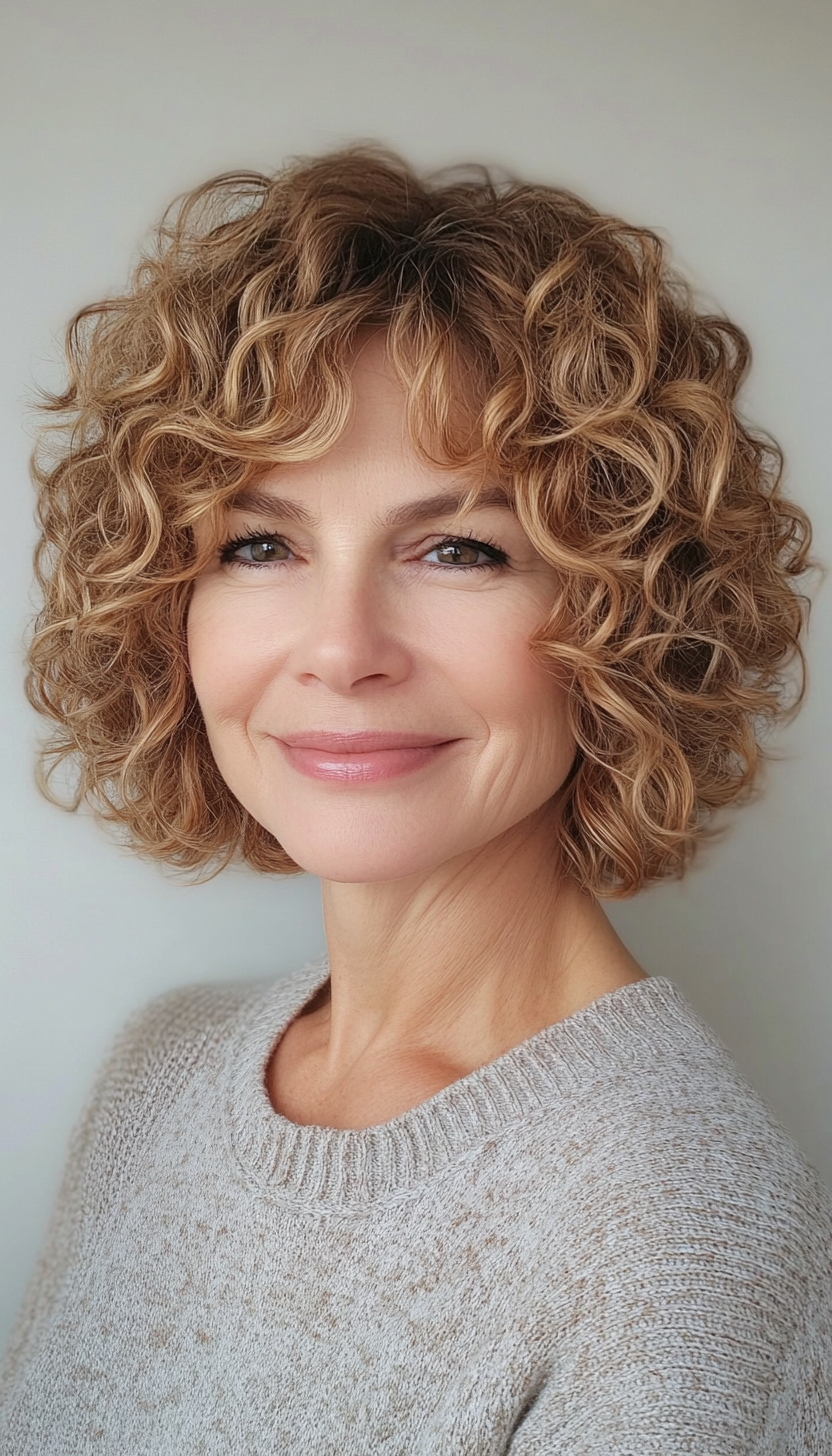15. Tight Curls with Sunlit Golden Blonde Highlights (Short Curly Hairstyles For Older Women) - Short Curly Hairstyles For Older Women