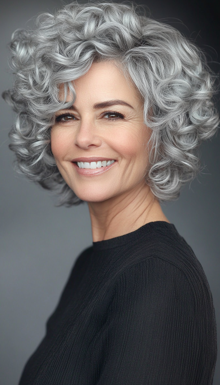 16. Side-Parted Curly Bob in Smoky Silver (Short Curly Hairstyles For Older Women) - Short Curly Hairstyles For Older Women