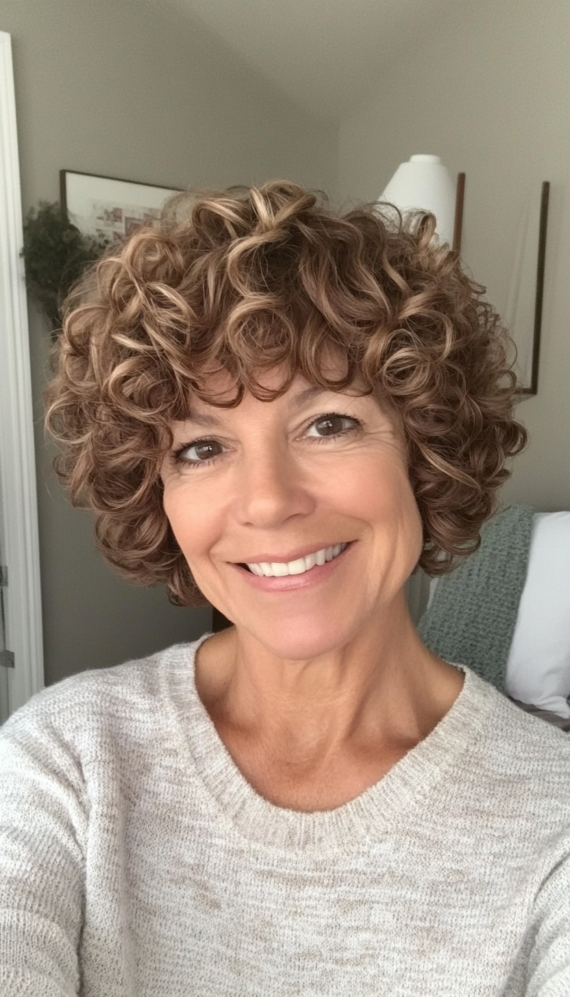 17. Airy Layered Curls in Warm Hazelnut (Short Curly Hairstyles For Older Women) - Short Curly Hairstyles For Older Women