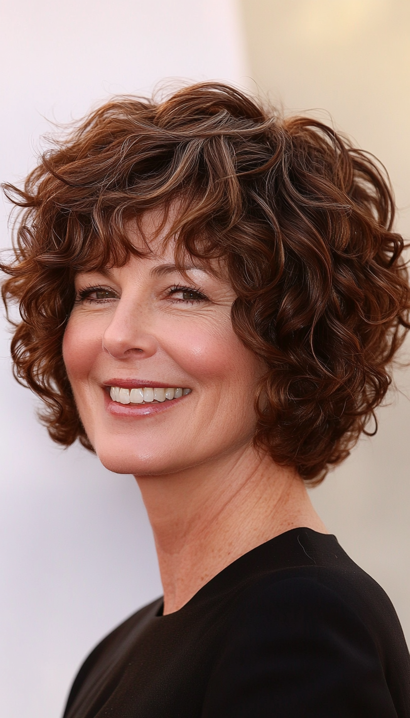24. Side-Swept Curly Bob in Chocolate Brown (Short Curly Hairstyles For Older Women) - Short Curly Hairstyles For Older Women