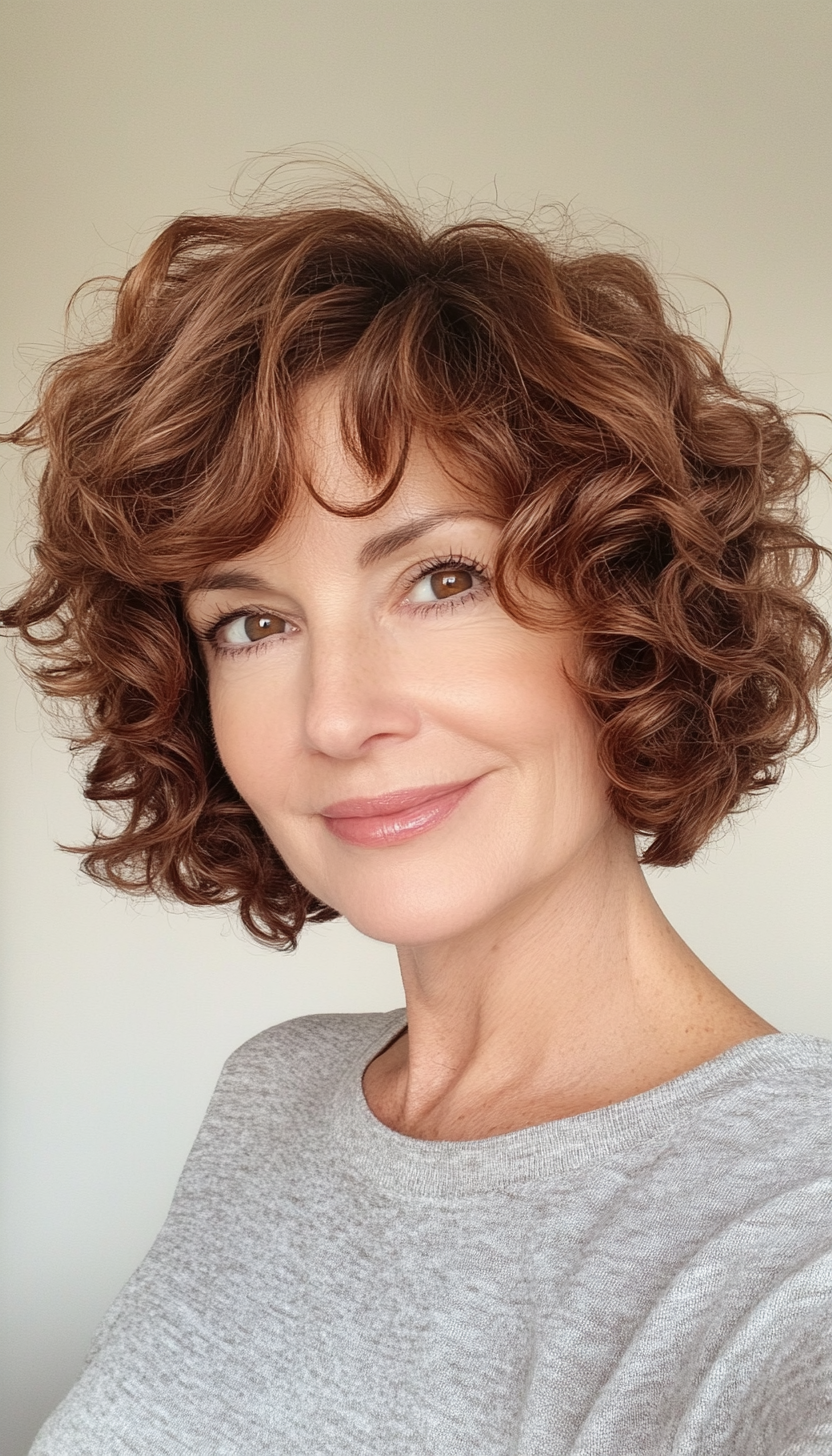 26. Stacked Short Curls in Warm Chestnut Brown (Short Curly Hairstyles For Older Women) - Short Curly Hairstyles For Older Women