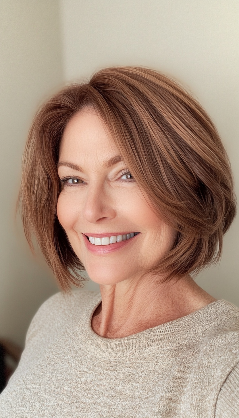 1. Soft Layered Bob in Warm Chestnut (Senior Haircuts For Older Women) - Senior Haircuts For Older Women
