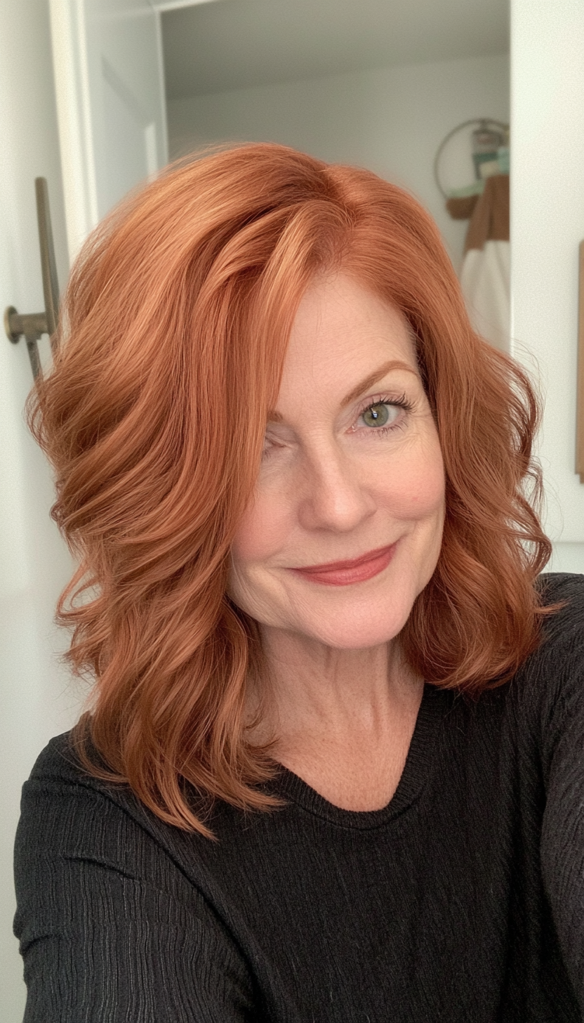 10. Wavy Lob with Face-Framing Layers in Warm Auburn (Senior Haircuts For Older Women) - Senior Haircuts For Older Women