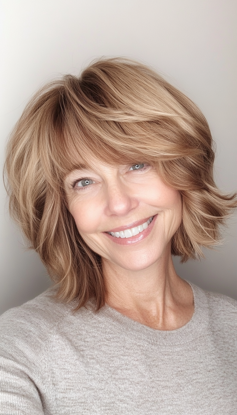 14. Textured Bob with Side Bangs in Honey Brown (Senior Haircuts For Older Women) - Senior Haircuts For Older Women