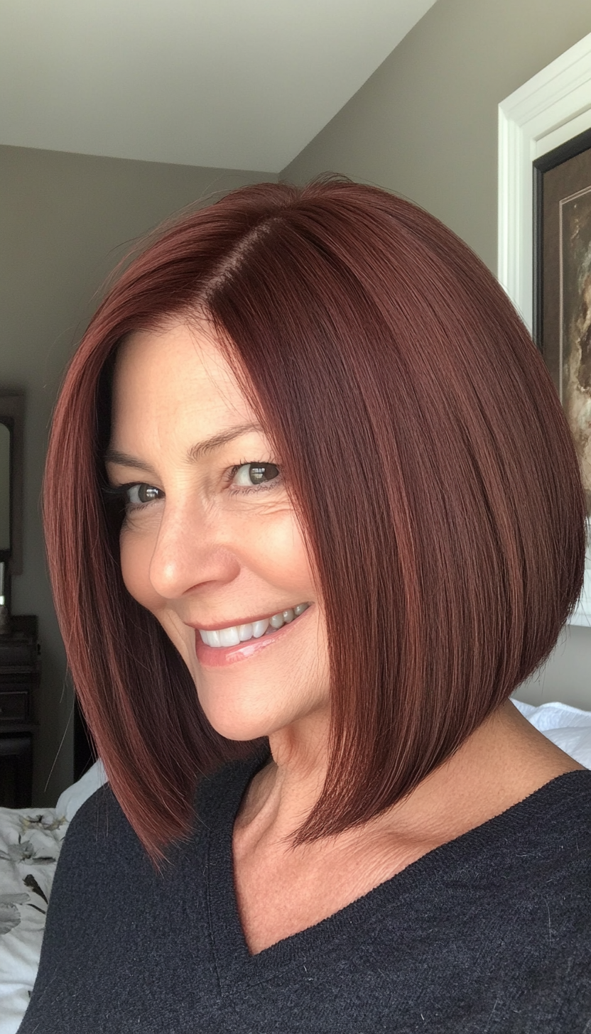 16. Angled Bob in Warm Mahogany (Senior Haircuts For Older Women) - Senior Haircuts For Older Women