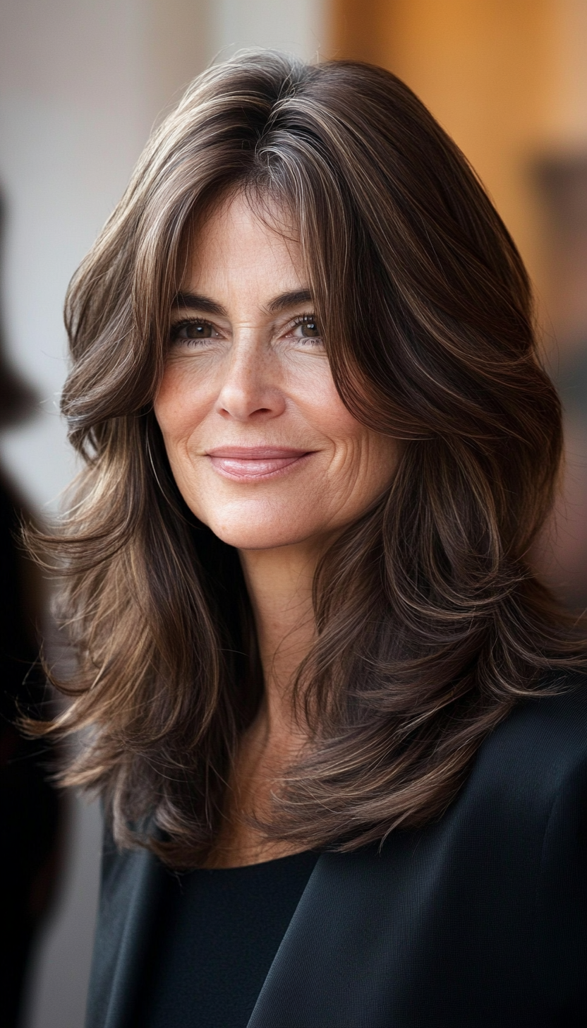 23. Face-Framing Mid-Length Layers in Soft Chocolate Brown (Senior Haircuts For Older Women) - Senior Haircuts For Older Women