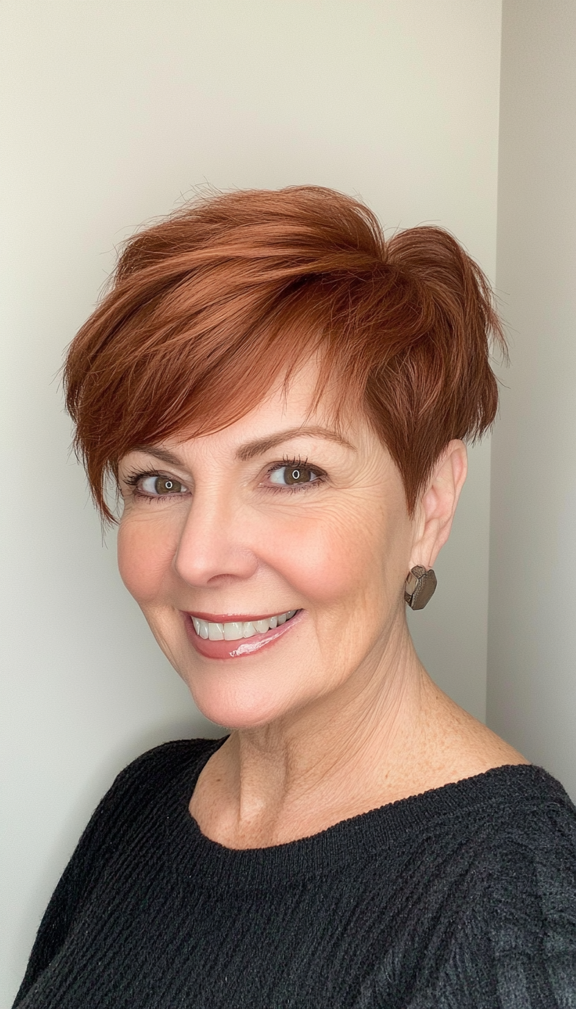 25. Edgy Asymmetrical Pixie in Deep Cinnamon Brown (Senior Haircuts For Older Women) - Senior Haircuts For Older Women
