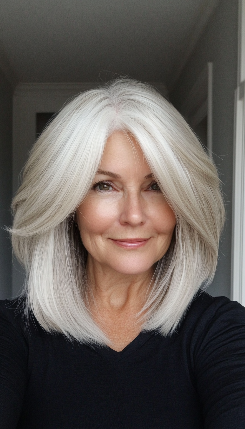 26. Shoulder-Length Cut with Feathered Bangs in Neutral Ash Blonde (Senior Haircuts For Older Women) - Senior Haircuts For Older Women