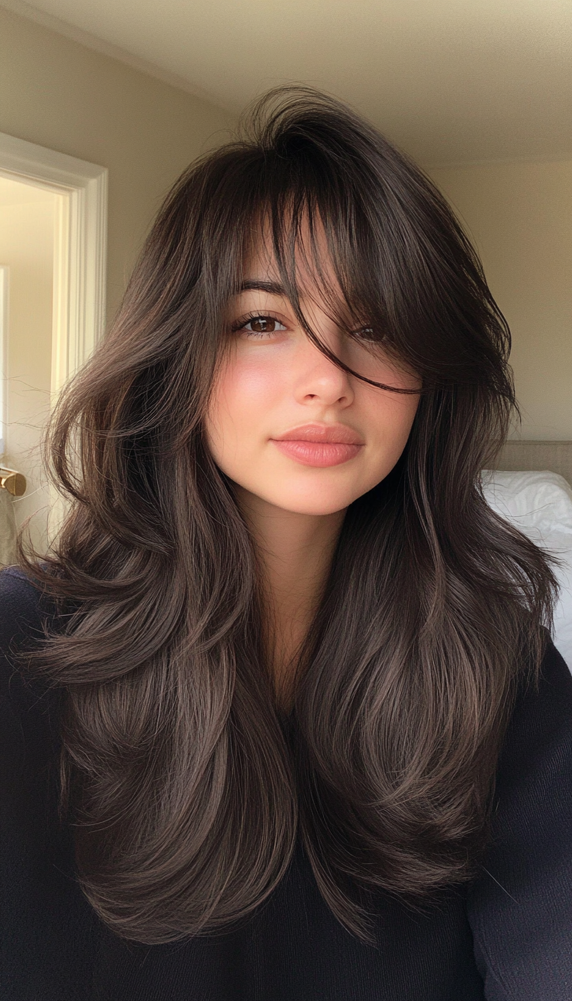 9. Choppy Layers with Curtain Bangs in Dark Espresso Brown (Haircuts With Long Layers) - Haircuts With Long Layers