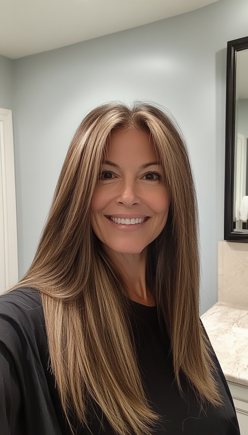 3. Classic Straight Cut with Face-Framing Highlights in Warm Brunette (Long Haircuts For Older Women) - Long Haircuts For Older Women
