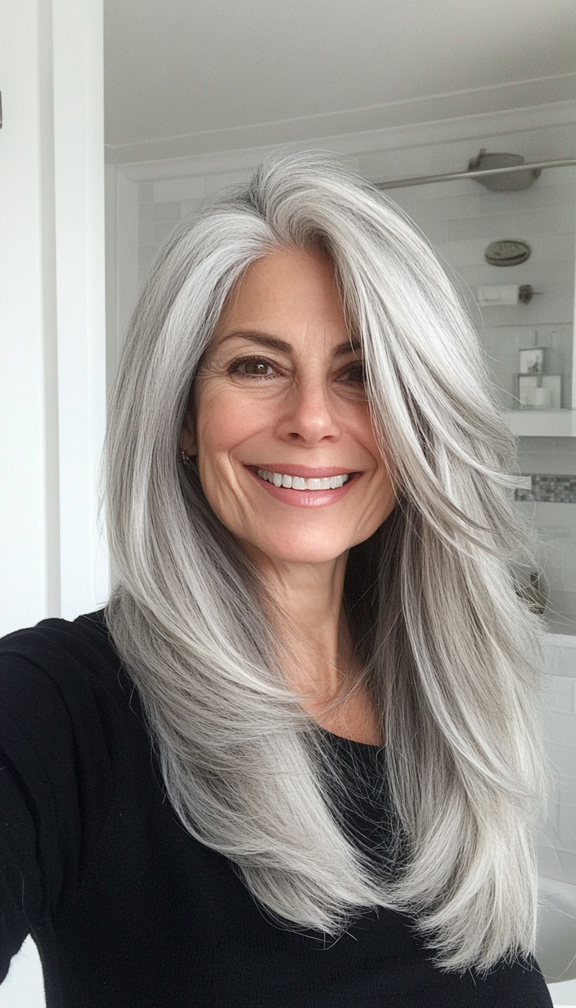 7. Face-Framing Layers in Silver Gray (Long Haircuts For Older Women) - Long Haircuts For Older Women