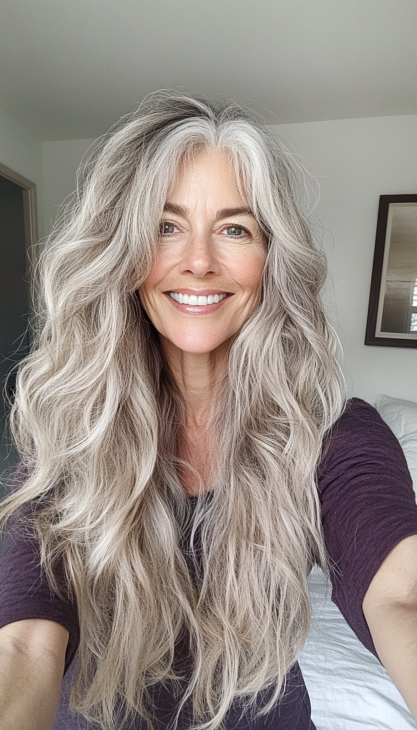 15. Messy Waves in Salt-and-Pepper Blend (Long Haircuts For Older Women) - Long Haircuts For Older Women