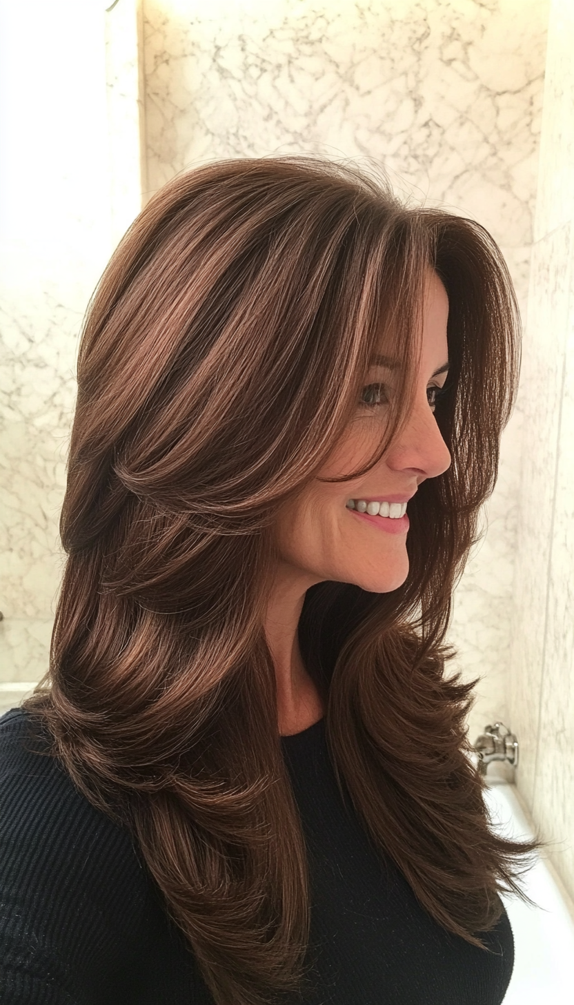 27. Glamorous Long Layers in Cocoa Brown (Long Haircuts For Older Women) - Long Haircuts For Older Women