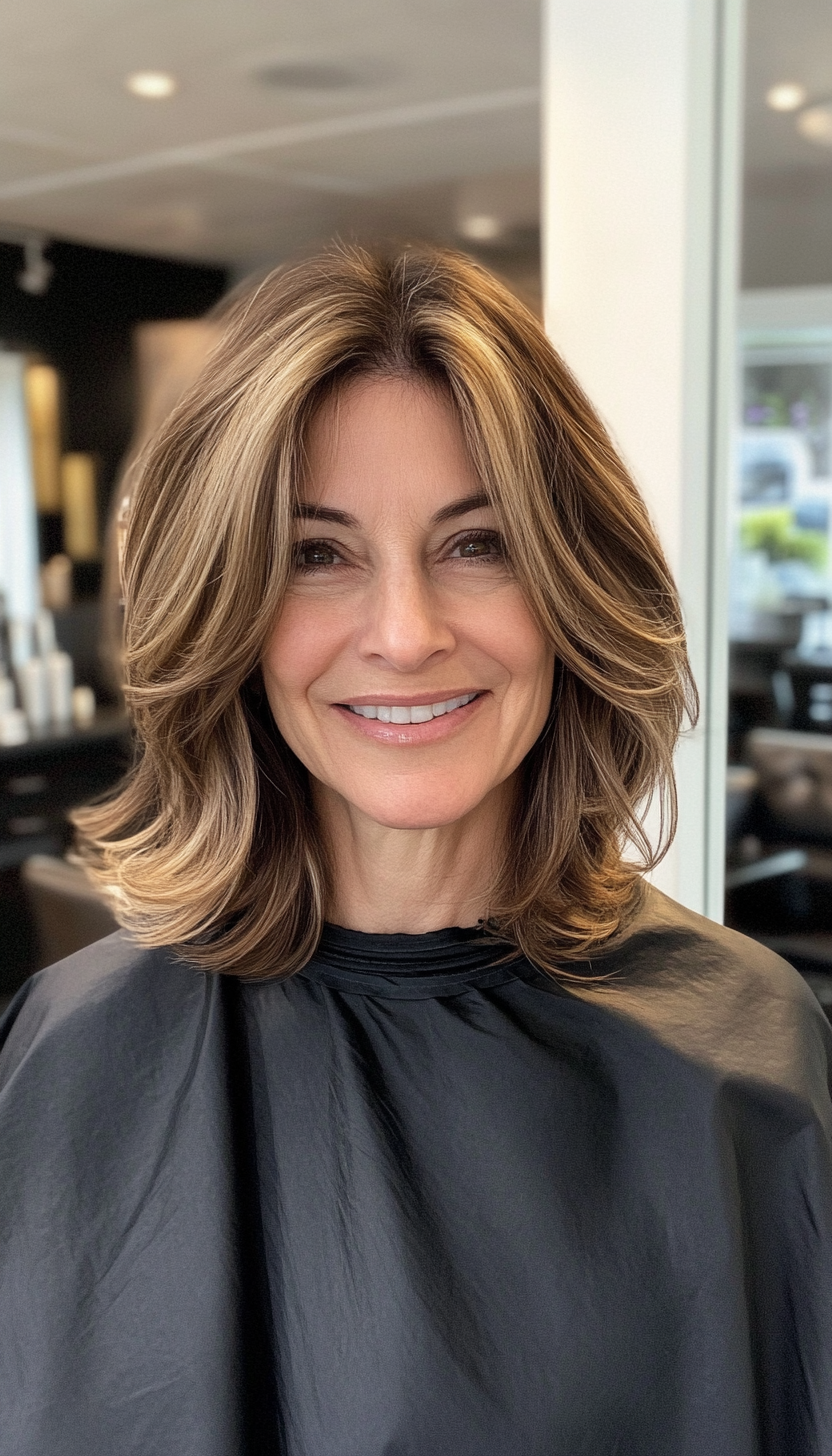 10. Long Fringe Bob with Caramel Highlights (Haircuts For Women Over 50 With Fine Hair) - Haircuts For Women Over 50 With Fine Hair