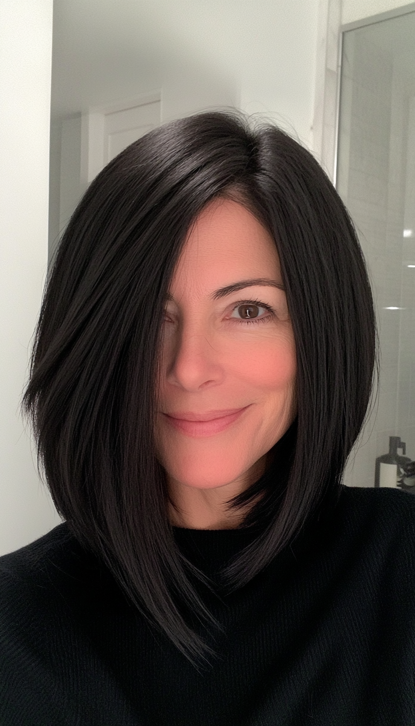 11. Sleek Layered Lob with Jet Black (Haircuts For Women Over 50 With Fine Hair) - Haircuts For Women Over 50 With Fine Hair