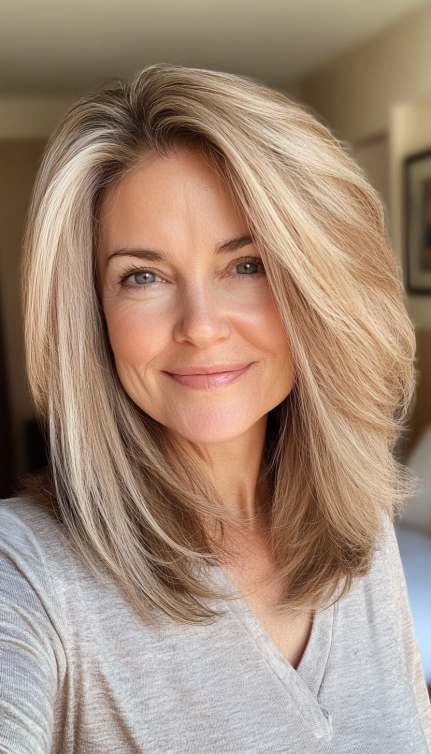 14. Shoulder-Length Shag with Sandy Blonde (Haircuts For Women Over 50 With Fine Hair) - Haircuts For Women Over 50 With Fine Hair