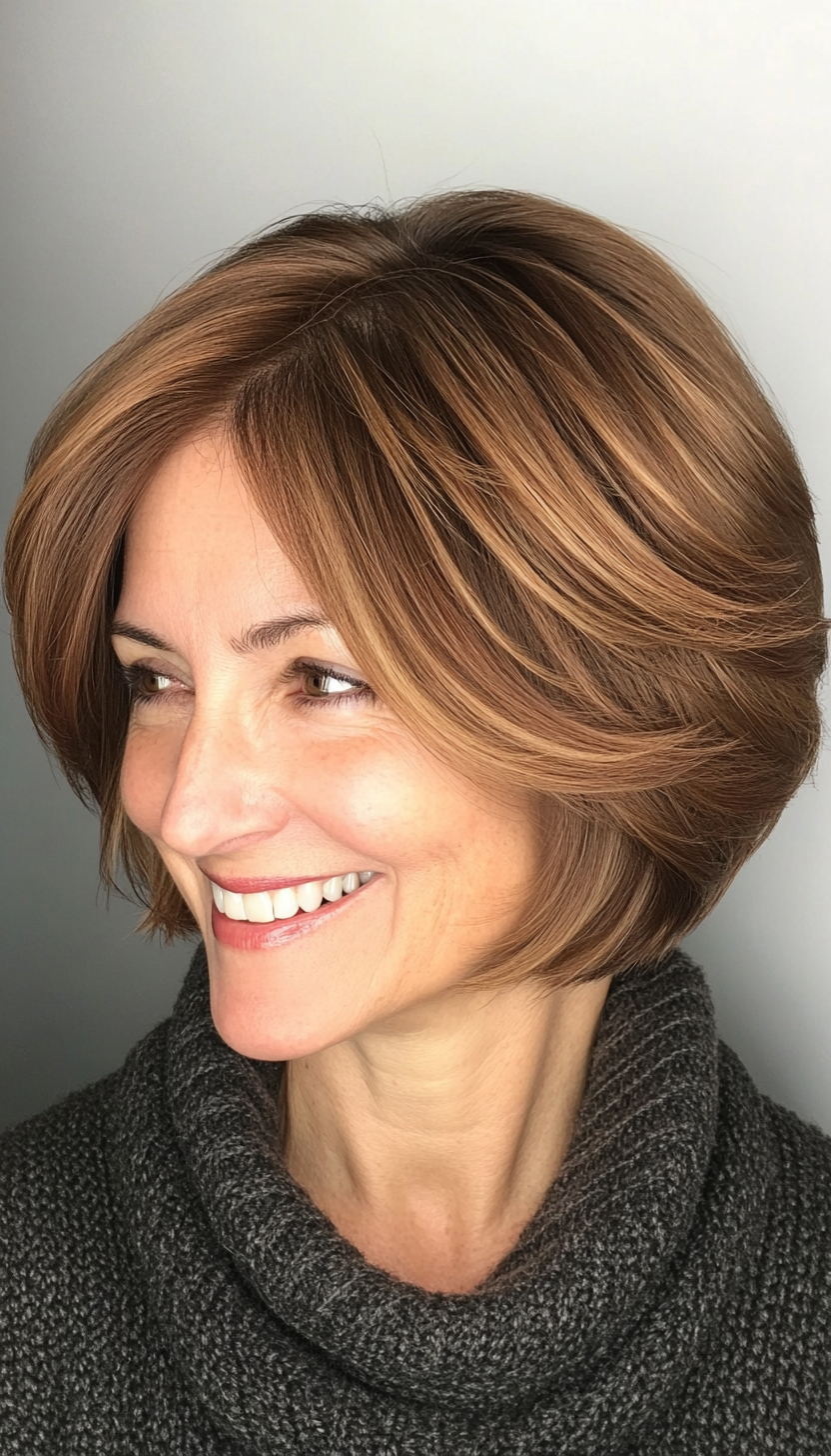 15. Short Layered Bob with Warm Brown (Haircuts For Women Over 50 With Fine Hair) - Haircuts For Women Over 50 With Fine Hair