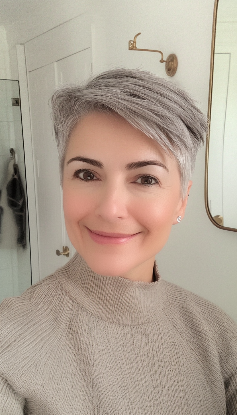 16. Asymmetrical Pixie with Medium Gray (Haircuts For Women Over 50 With Fine Hair) - Haircuts For Women Over 50 With Fine Hair