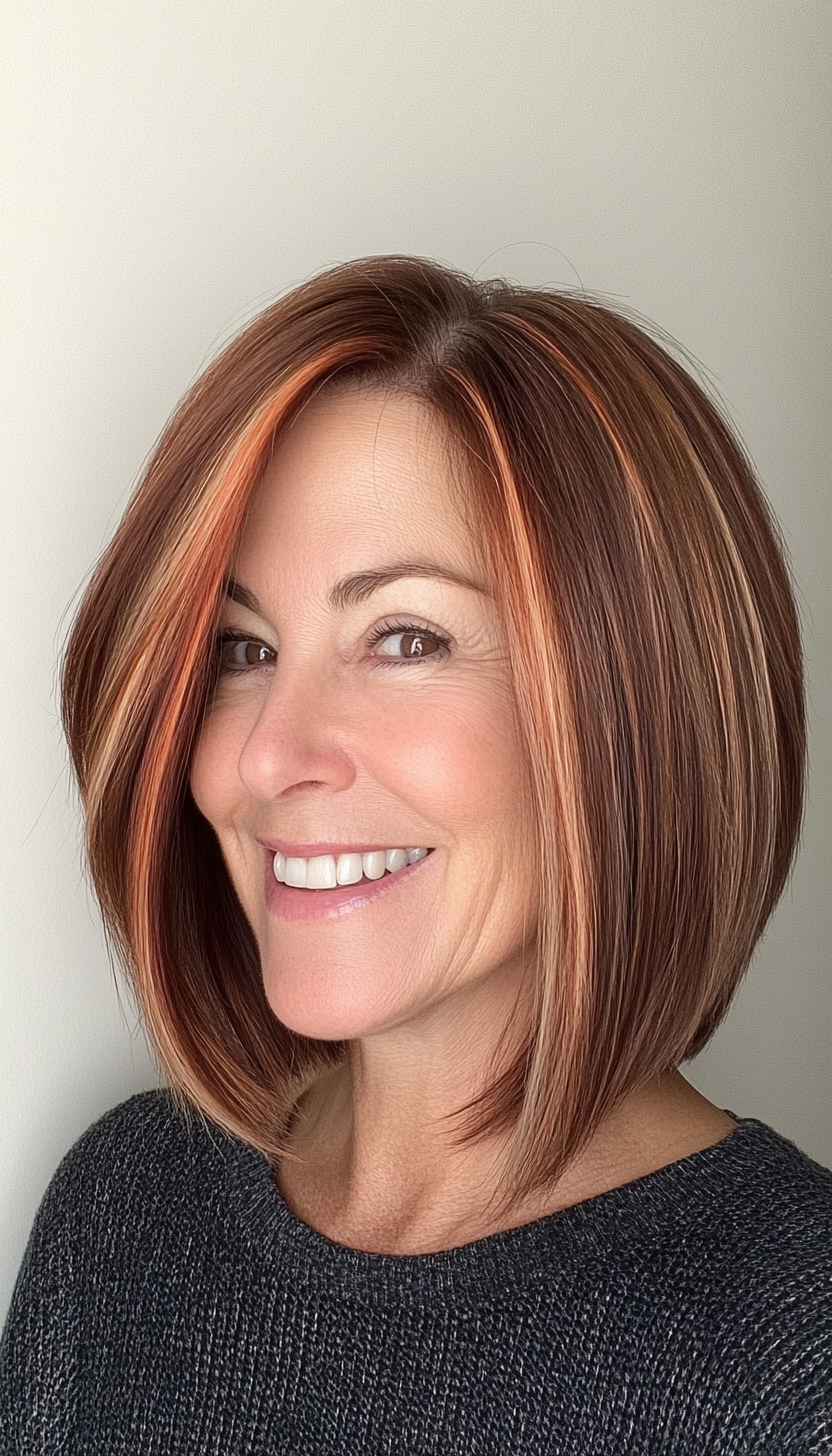 18. Chin-Length Cut with Copper Highlights (Haircuts For Women Over 50 With Fine Hair) - Haircuts For Women Over 50 With Fine Hair