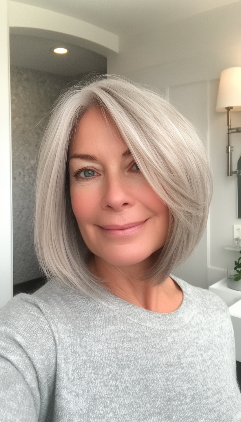 20. Bob with Side-Swept Bangs and Soft Gray (Haircuts For Women Over 50 With Fine Hair) - Haircuts For Women Over 50 With Fine Hair