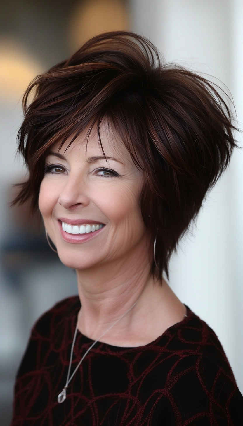 21. Short Layered Cut with Dark Auburn (Haircuts For Women Over 50 With Fine Hair) - Haircuts For Women Over 50 With Fine Hair