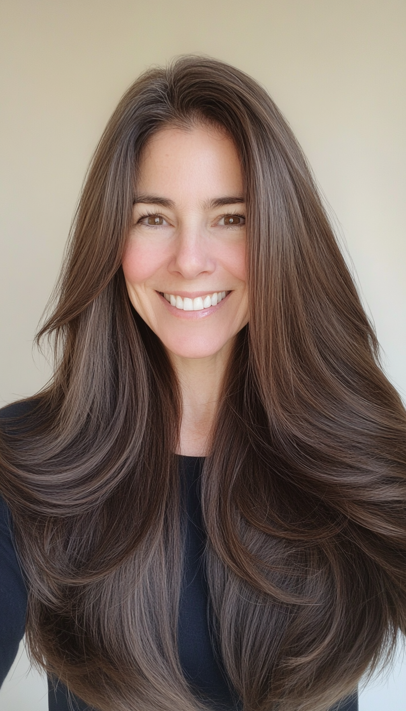 22. Long Straight Layers with Espresso Brown (Haircuts For Women Over 50 With Fine Hair) - Haircuts For Women Over 50 With Fine Hair