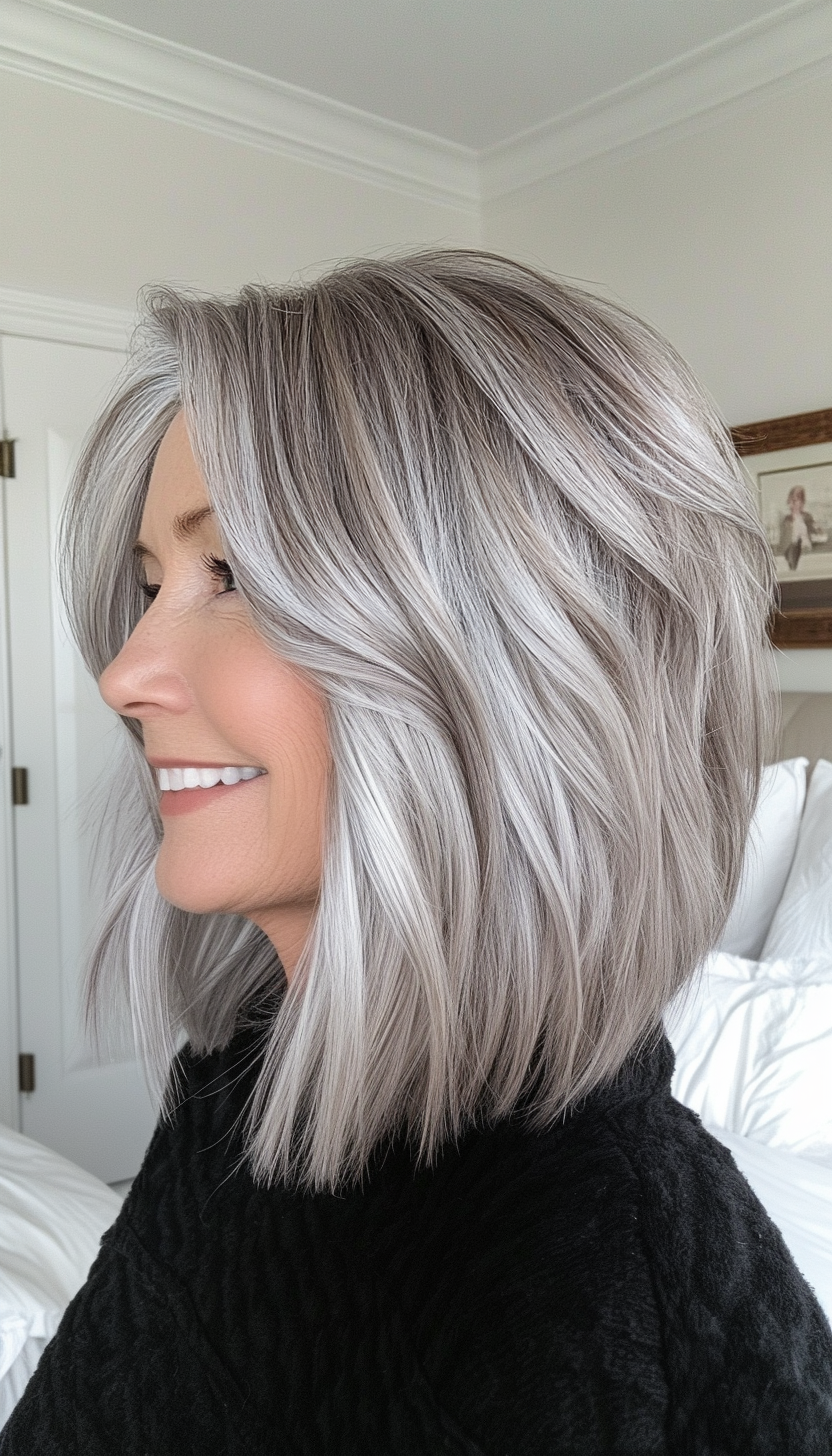 2. Choppy Bob with Silver Highlights (Medium Length Hairstyles For Women Over 60) - Medium Length Hairstyles For Women Over 60