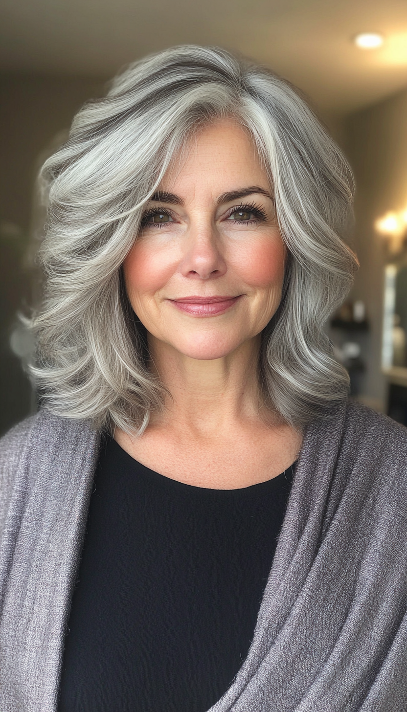 6. Textured Mid-Length Cut in Salt and Pepper (Medium Length Hairstyles For Women Over 60) - Medium Length Hairstyles For Women Over 60