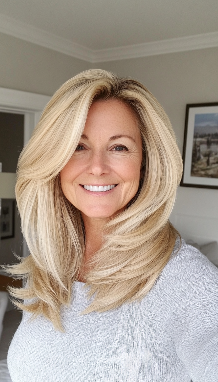 8. Feathered Cut in Sandy Blonde (Medium Length Hairstyles For Women Over 60) - Medium Length Hairstyles For Women Over 60