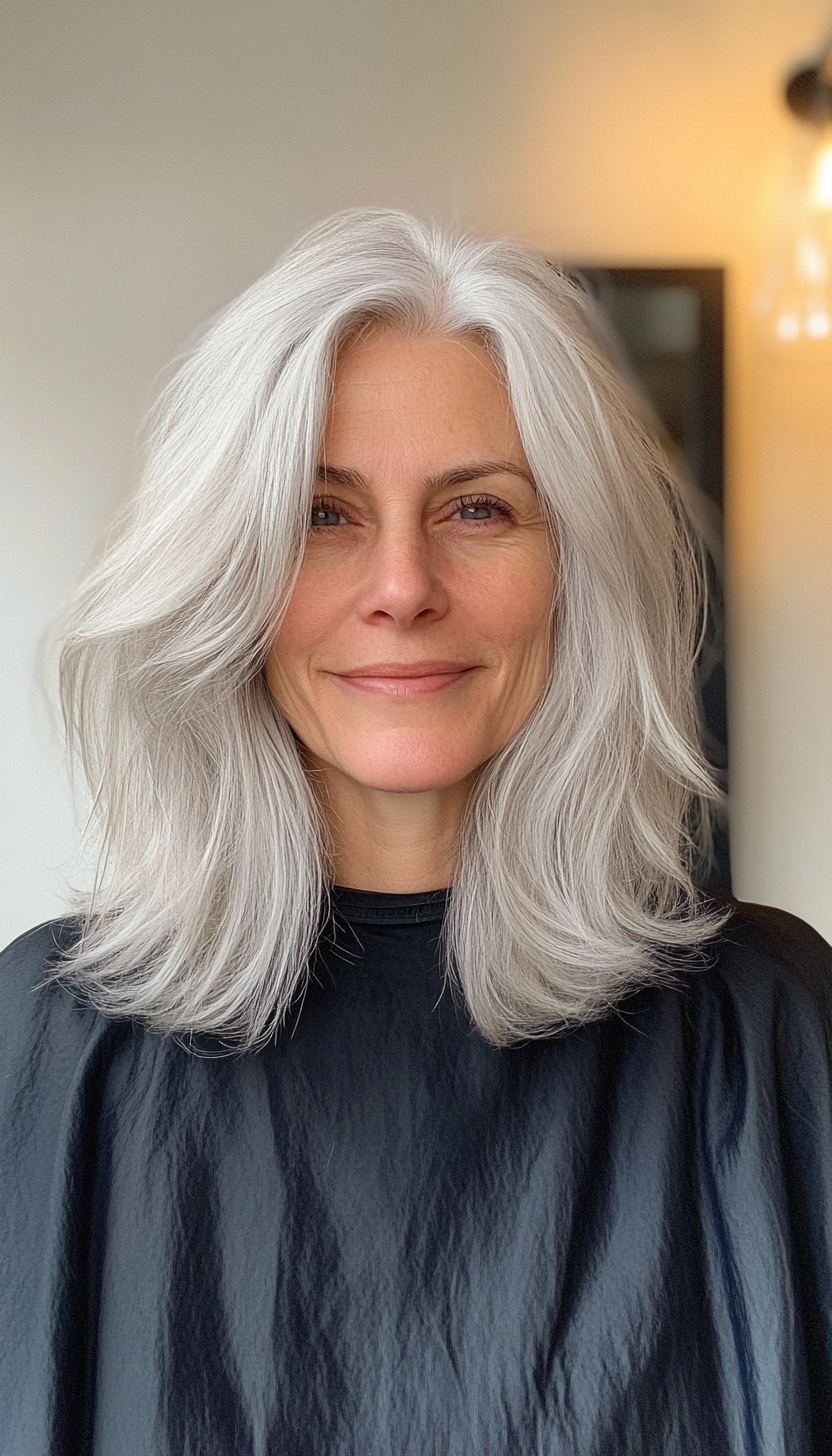 10. Tousled Lob in Natural Gray (Medium Length Hairstyles For Women Over 60) - Medium Length Hairstyles For Women Over 60