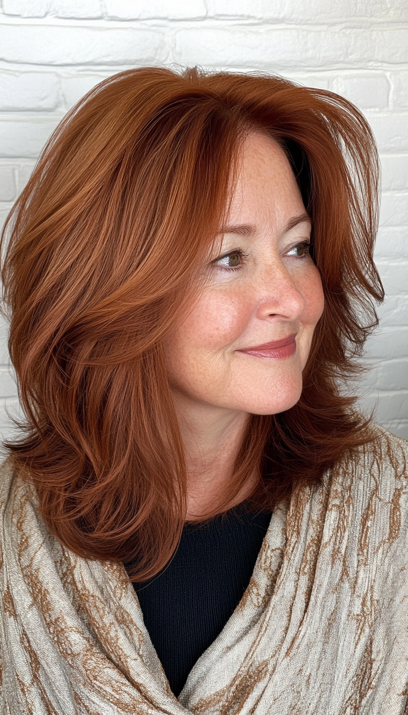 11. Layered Mid-Cut in Dark Auburn (Medium Length Hairstyles For Women Over 60) - Medium Length Hairstyles For Women Over 60