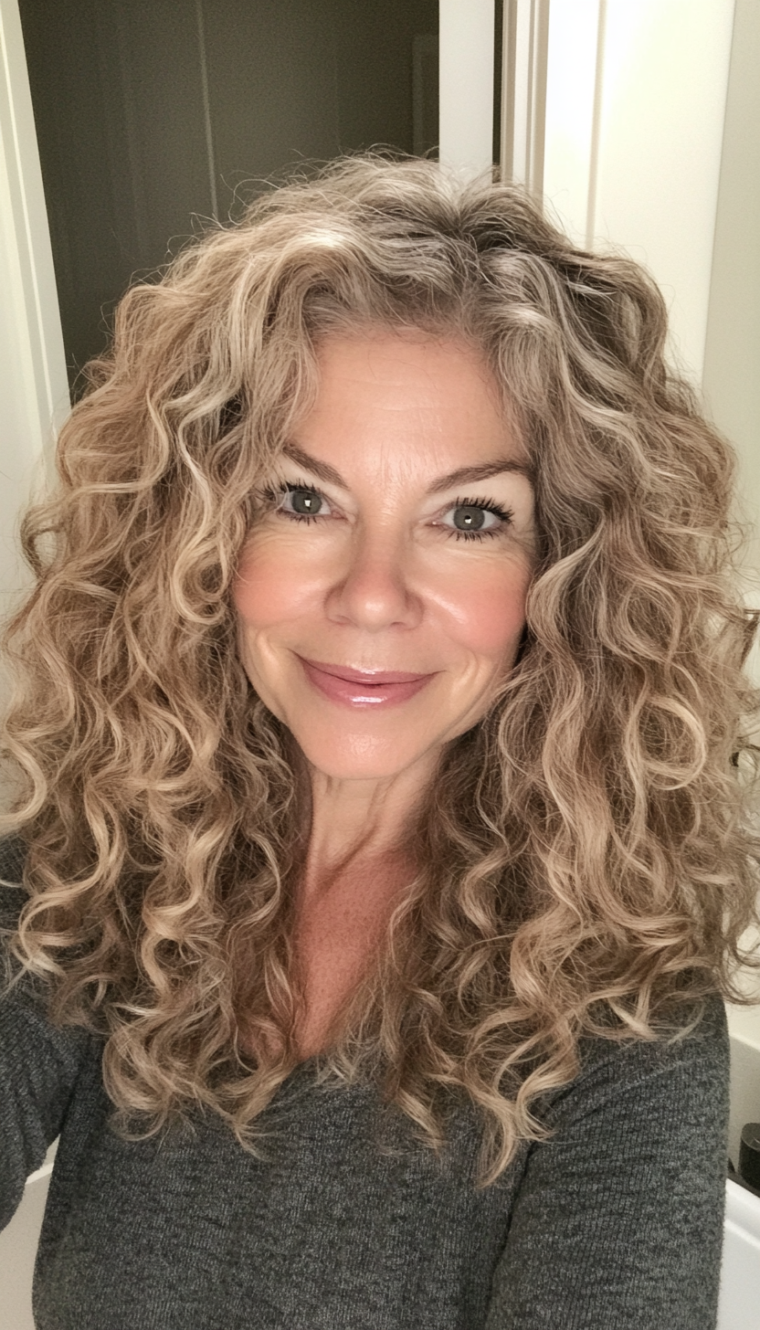 12. Curly Mid-Length Cut in Honey Blonde (Medium Length Hairstyles For Women Over 60) - Medium Length Hairstyles For Women Over 60