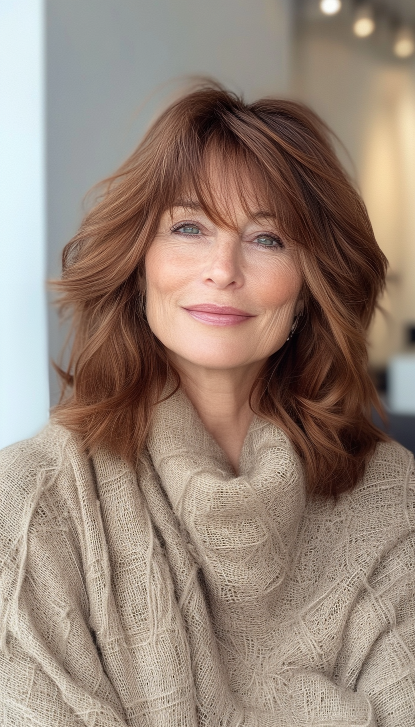 14. Wavy Bob with Caramel Lowlights (Medium Length Hairstyles For Women Over 60) - Medium Length Hairstyles For Women Over 60