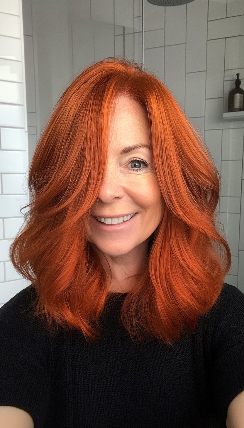 19. Shaggy Lob in Copper Red (Medium Length Hairstyles For Women Over 60) - Medium Length Hairstyles For Women Over 60