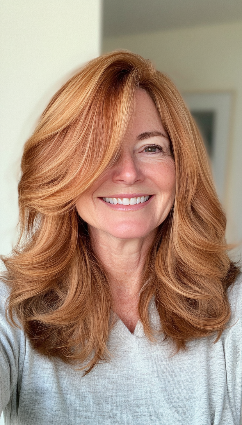 20. Layered Flip Cut in Golden Brown (Medium Length Hairstyles For Women Over 60) - Medium Length Hairstyles For Women Over 60