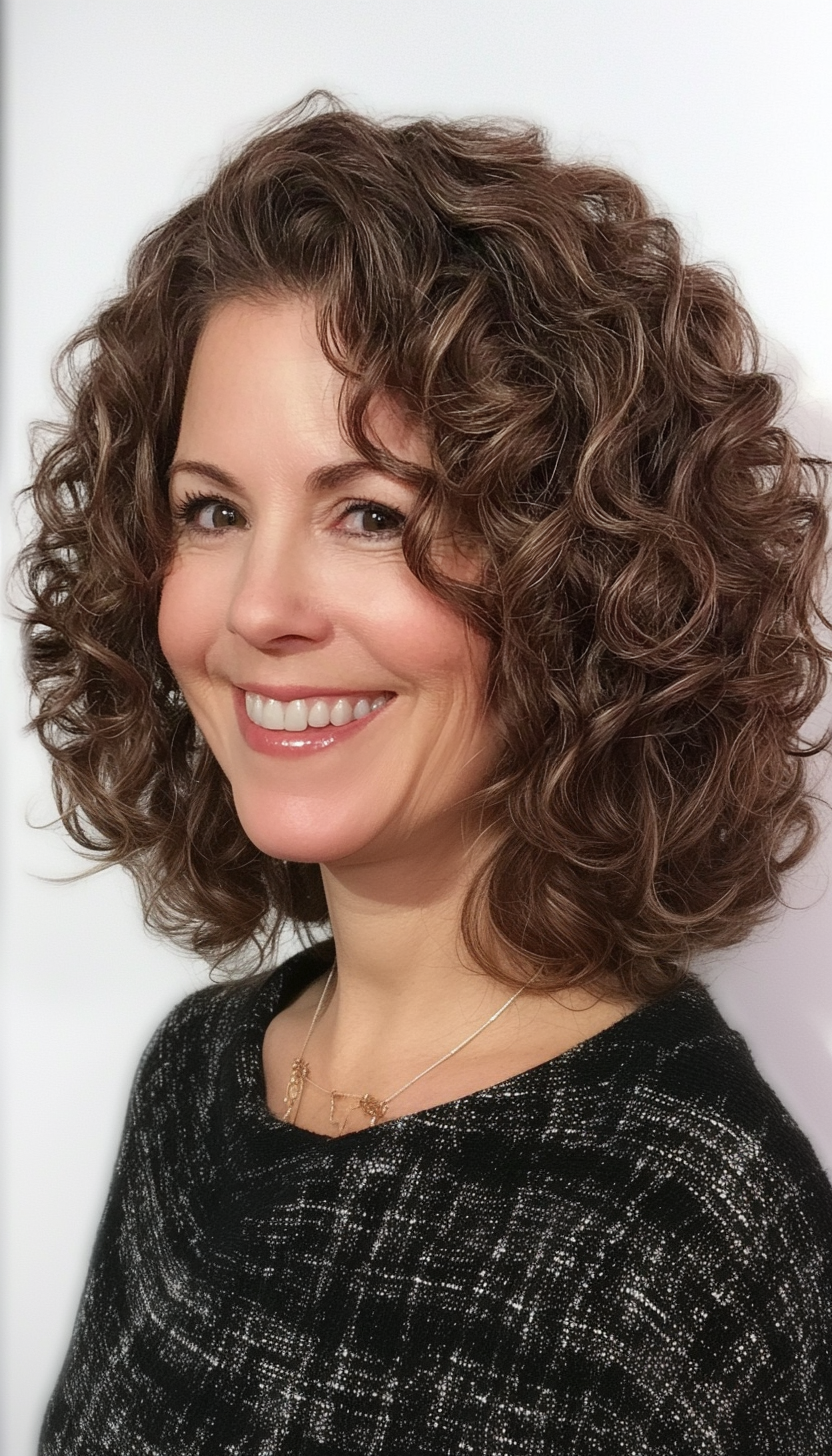 24. Voluminous Curly Lob in Natural Brunette (Medium Length Hairstyles For Women Over 60) - Medium Length Hairstyles For Women Over 60