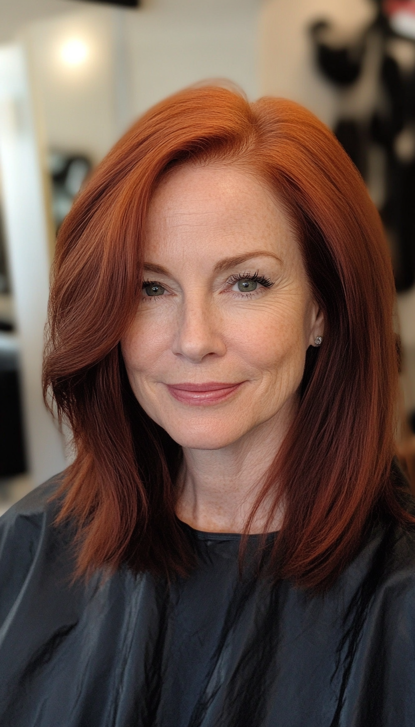 25. Sleek Side-Parted Cut in Deep Mahogany (Medium Length Hairstyles For Women Over 60) - Medium Length Hairstyles For Women Over 60