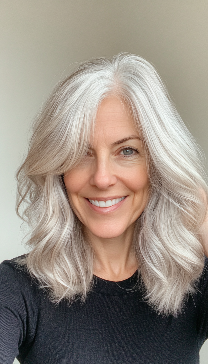 26. Wavy Collarbone Length in Silver Blonde (Medium Length Hairstyles For Women Over 60) - Medium Length Hairstyles For Women Over 60